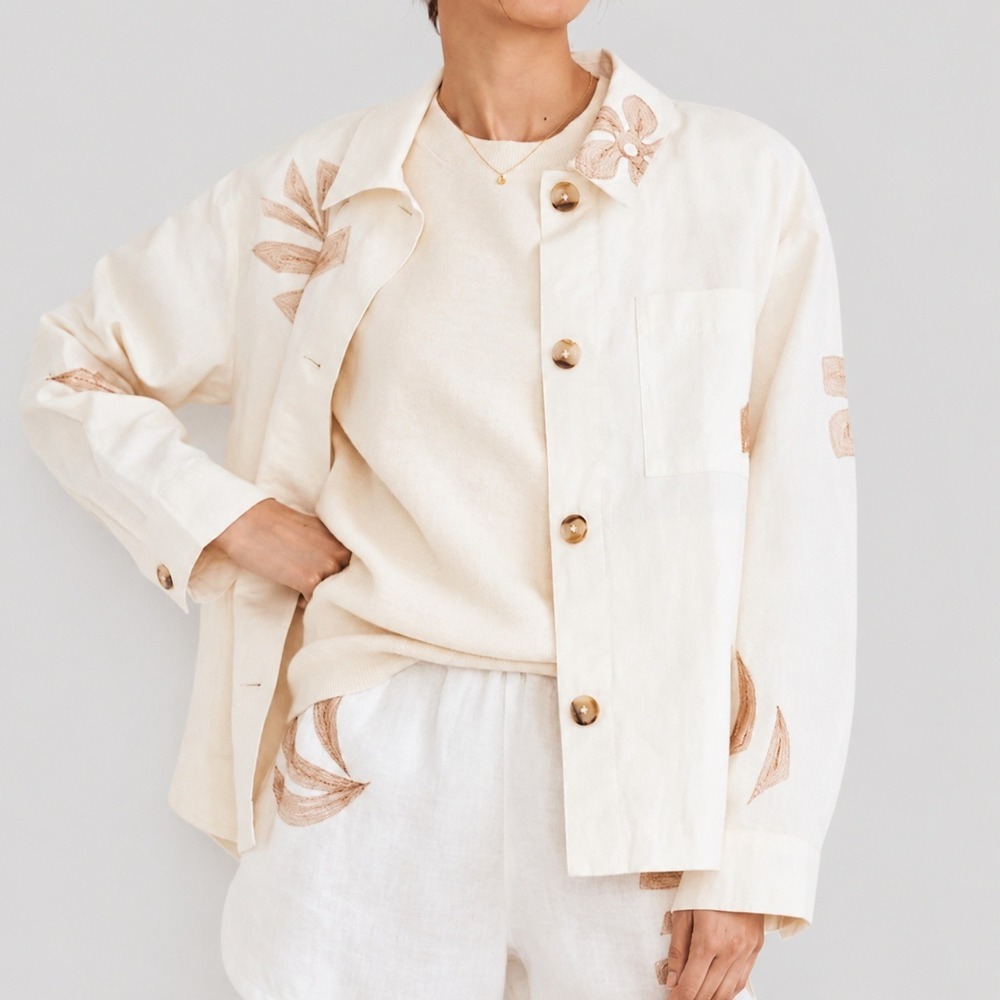 Madewell NEW Embroidered Floral Linen Shacket Shirt Jacket SZ Large Boho Coastal